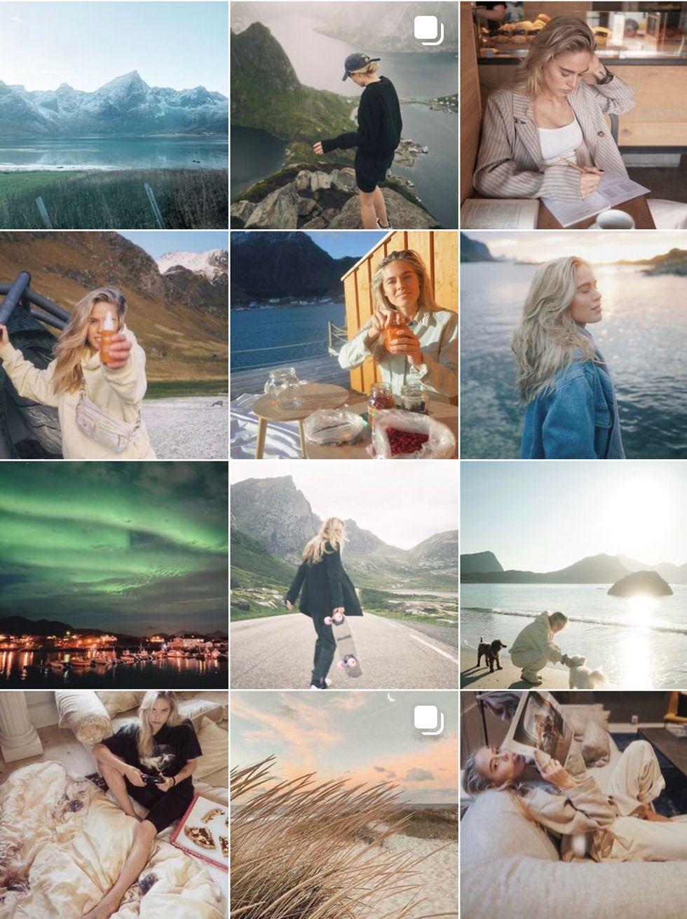 A 3 by 4 grid of 12 photos as shown on Cornelia Grimsmo's Instagram page.