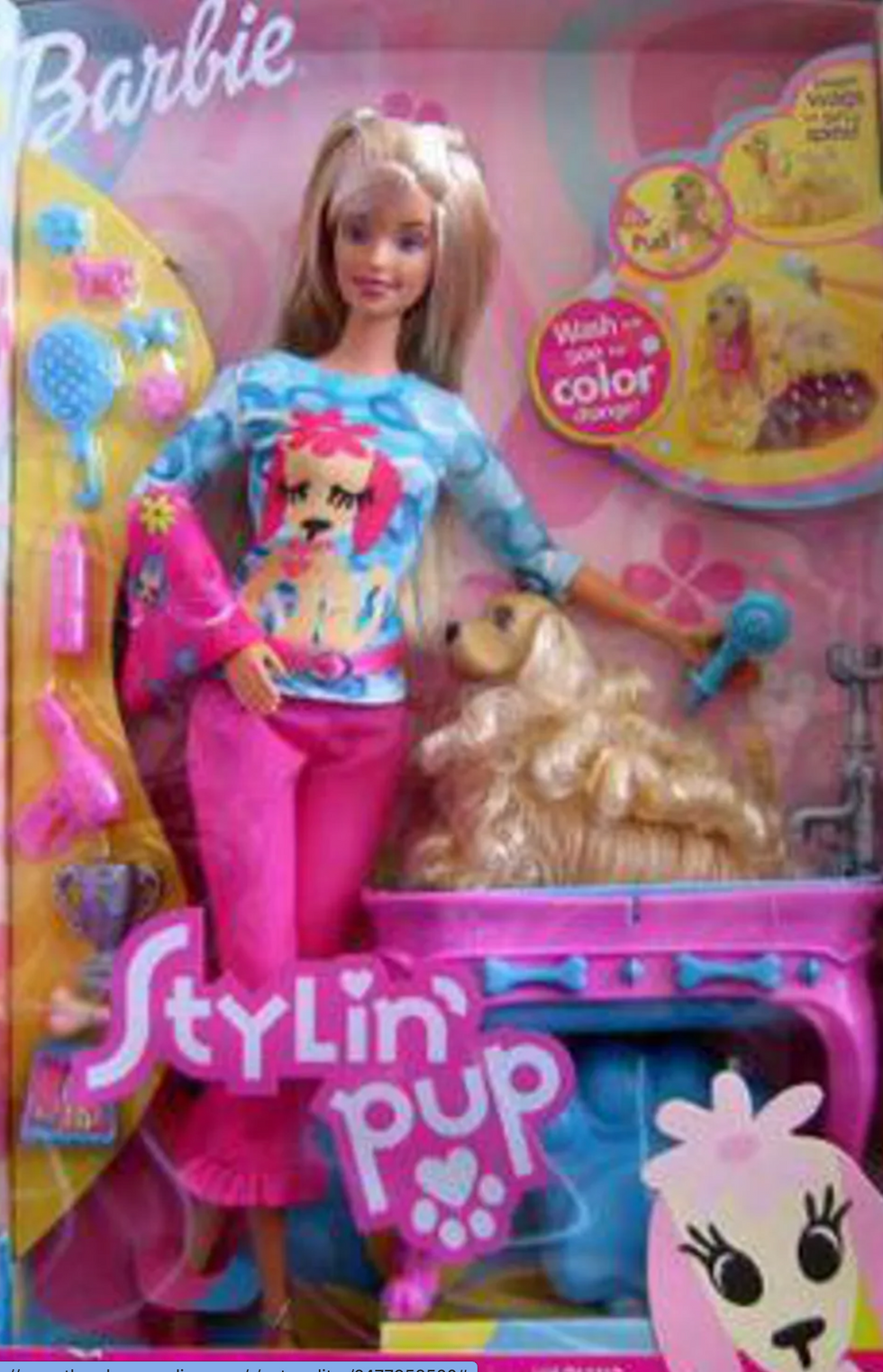 A Barbie with her styled puppy