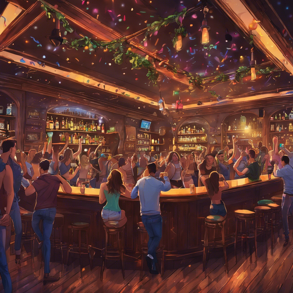 a beautiful bar filled with college students drinking and dancing