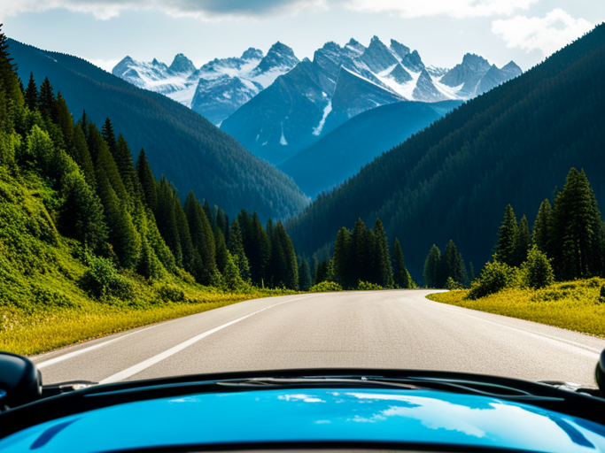 A blue car drives on an open road toward mountains