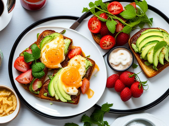 A brunch plate with avocado toast and fruit on a table