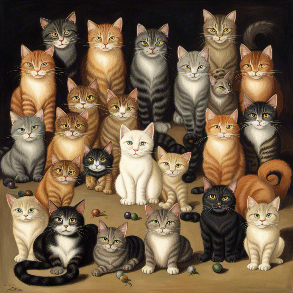 A cat is surrounded by many cats representing many lives