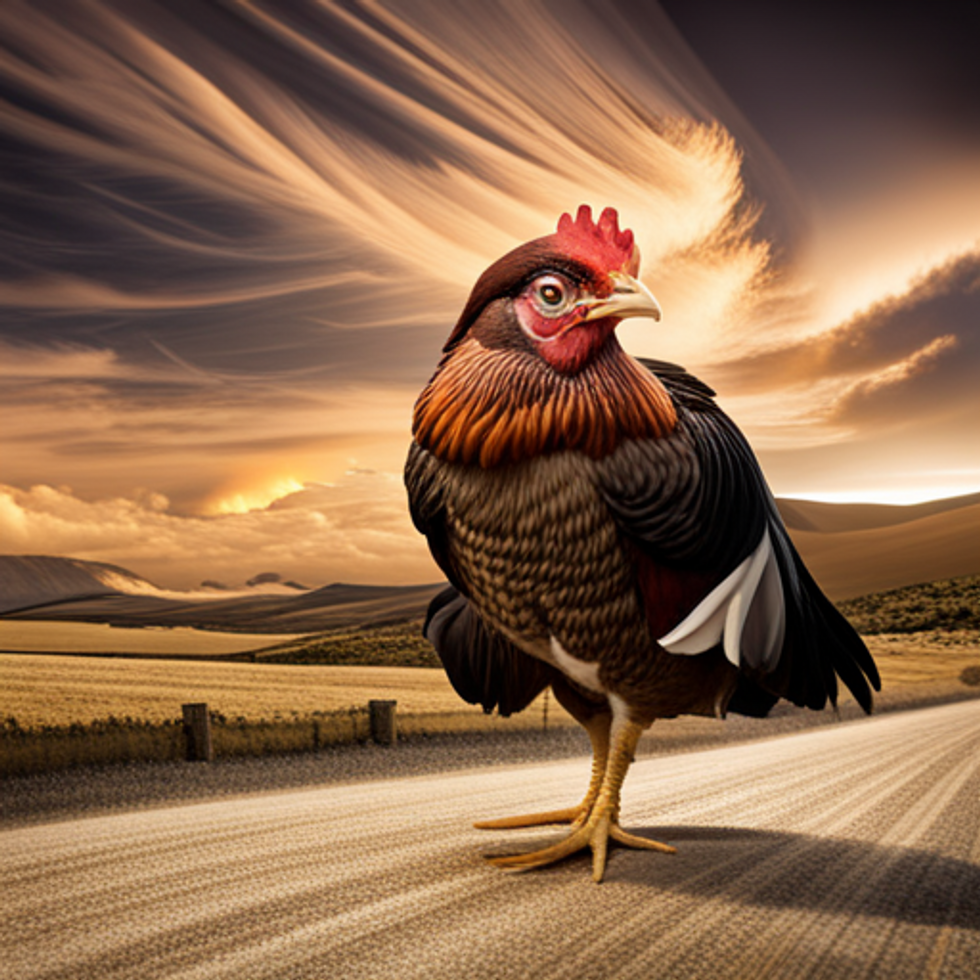 A chicken stands tall with the road behind him