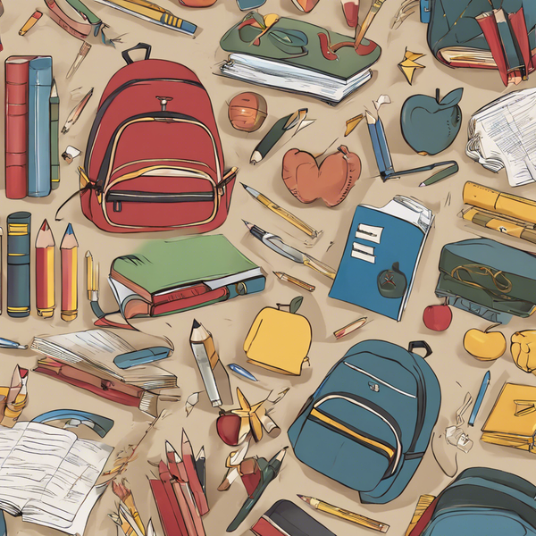 A collection of school supplies including pencils, bags, and books