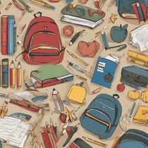 A collection of school supplies including pencils, bags, and books