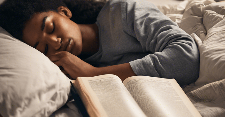 a college student sleeping in a bed with a book