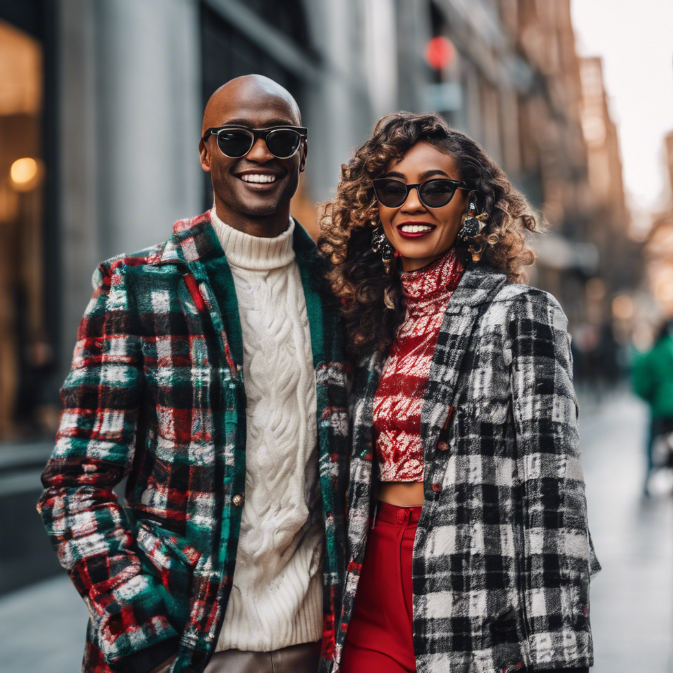 a couple wearing fun fashionable outfits during christmas wearing sunglasses in the city