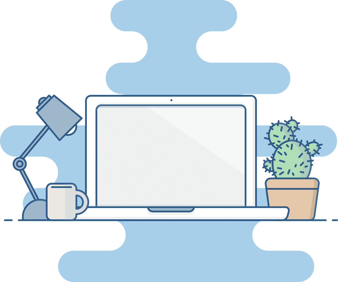A drawing of a laptop with a coffee mug and a desk lamp to the left and a cactus plant to the right of the laptop.