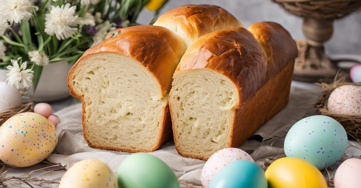 a fresh loaf of easter bread with easter eggs around it