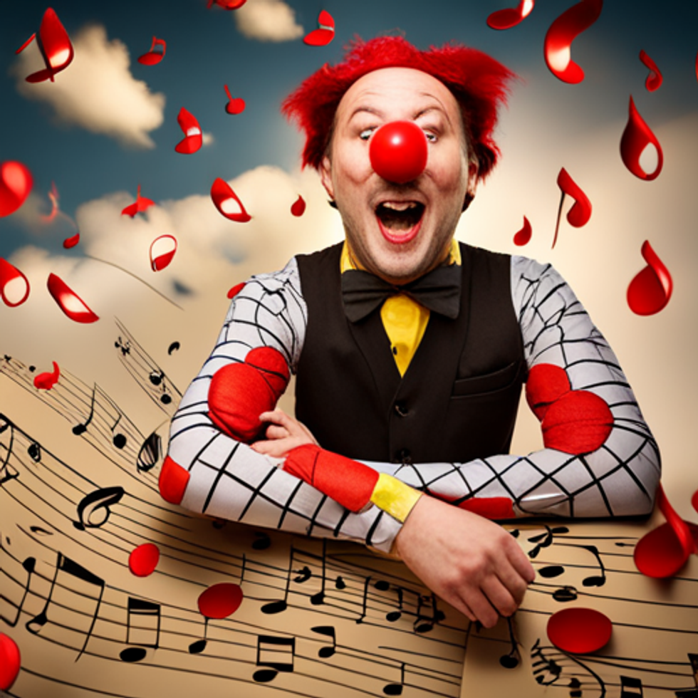 A funny clown makes a joke surrounded by music notes.