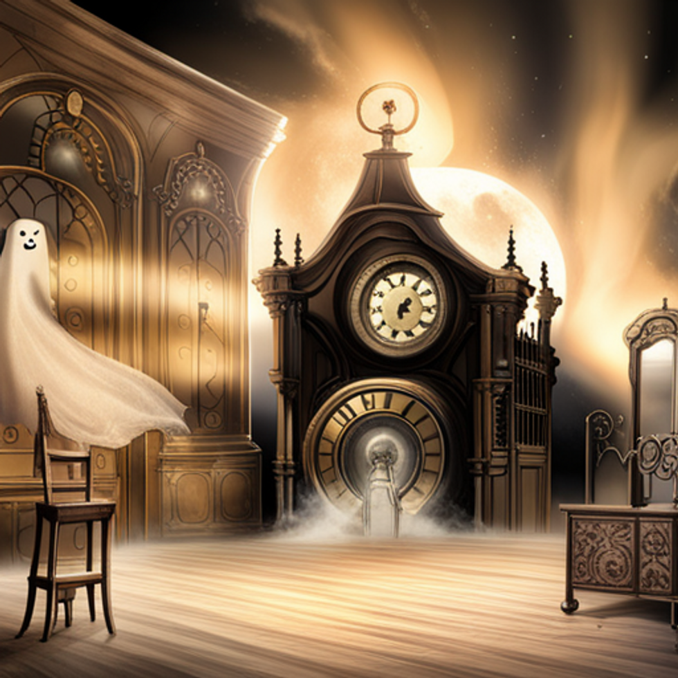 A ghost sits in a spooky haunted house.