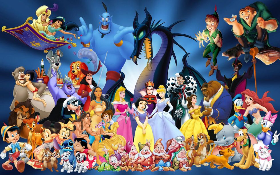A group of Disney characters surrounded by a blue background.