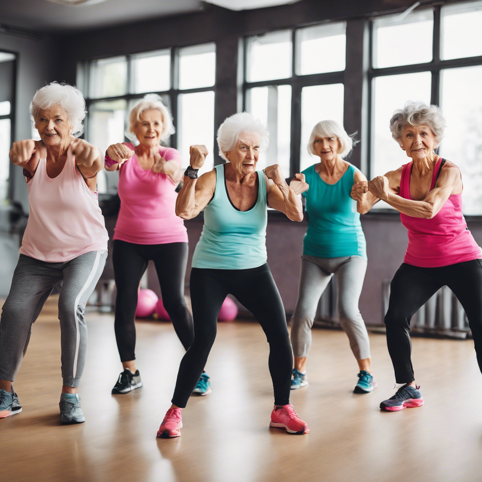 a group of fit old ladies making fists who attend every zumba class offered at the gym