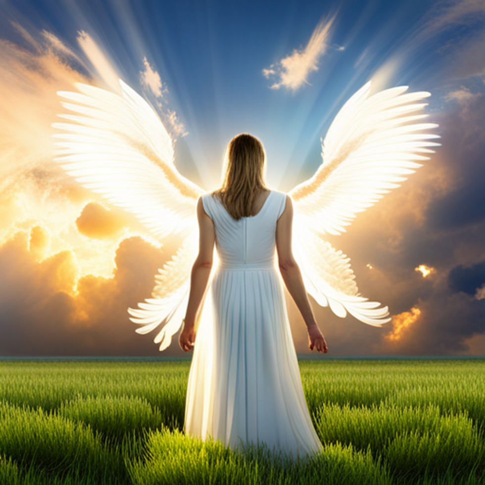 A guardian angel with wings glows in a green field with blue skies