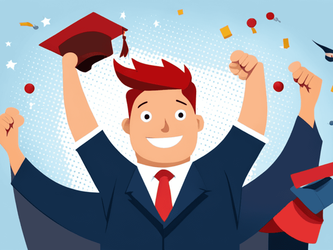 A happy graduate throws his graduation cap into the air