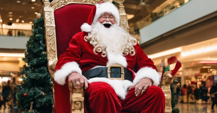 a jolly santa claus sits on a christmas throne at a shopping mall