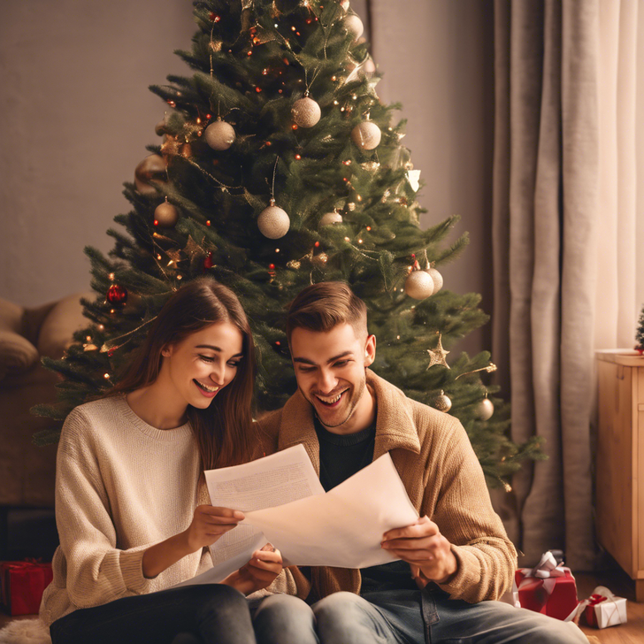 A joyful couple reading a Christmas letter