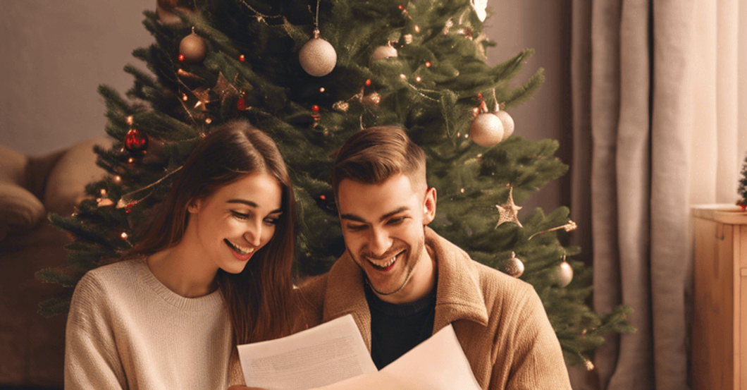A joyful couple reading a Christmas letter