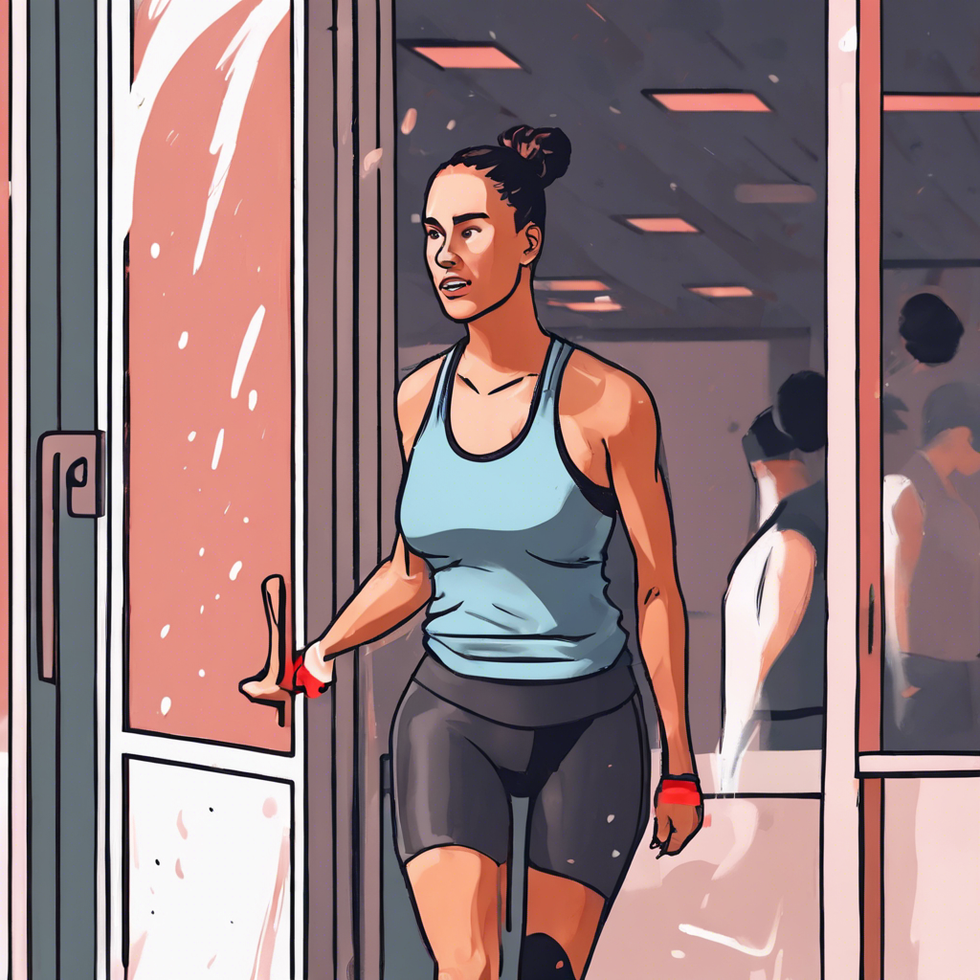 a lady wearing super sweaty clothes walking out the door of a workout class