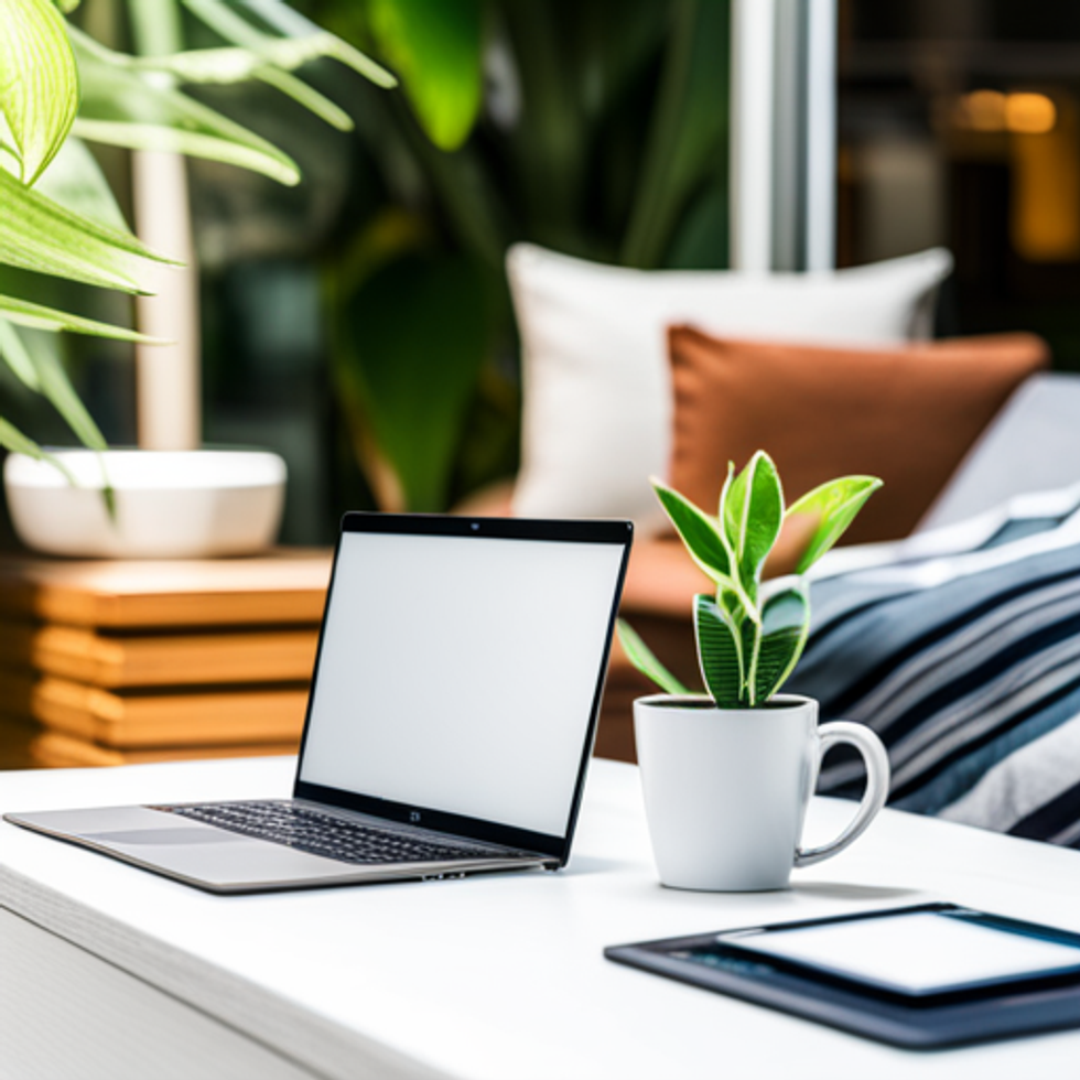 A laptop and coffee mug sit on a patio outdoors