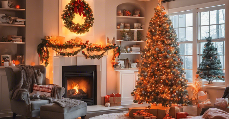 a living room decorated for christmas with a christmas tree a wreath on the door and a fireplace glowing with orange light