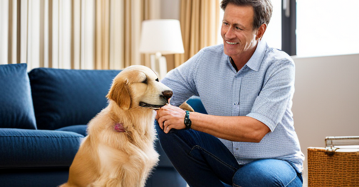 A man pets a golden retriever dog in his living room