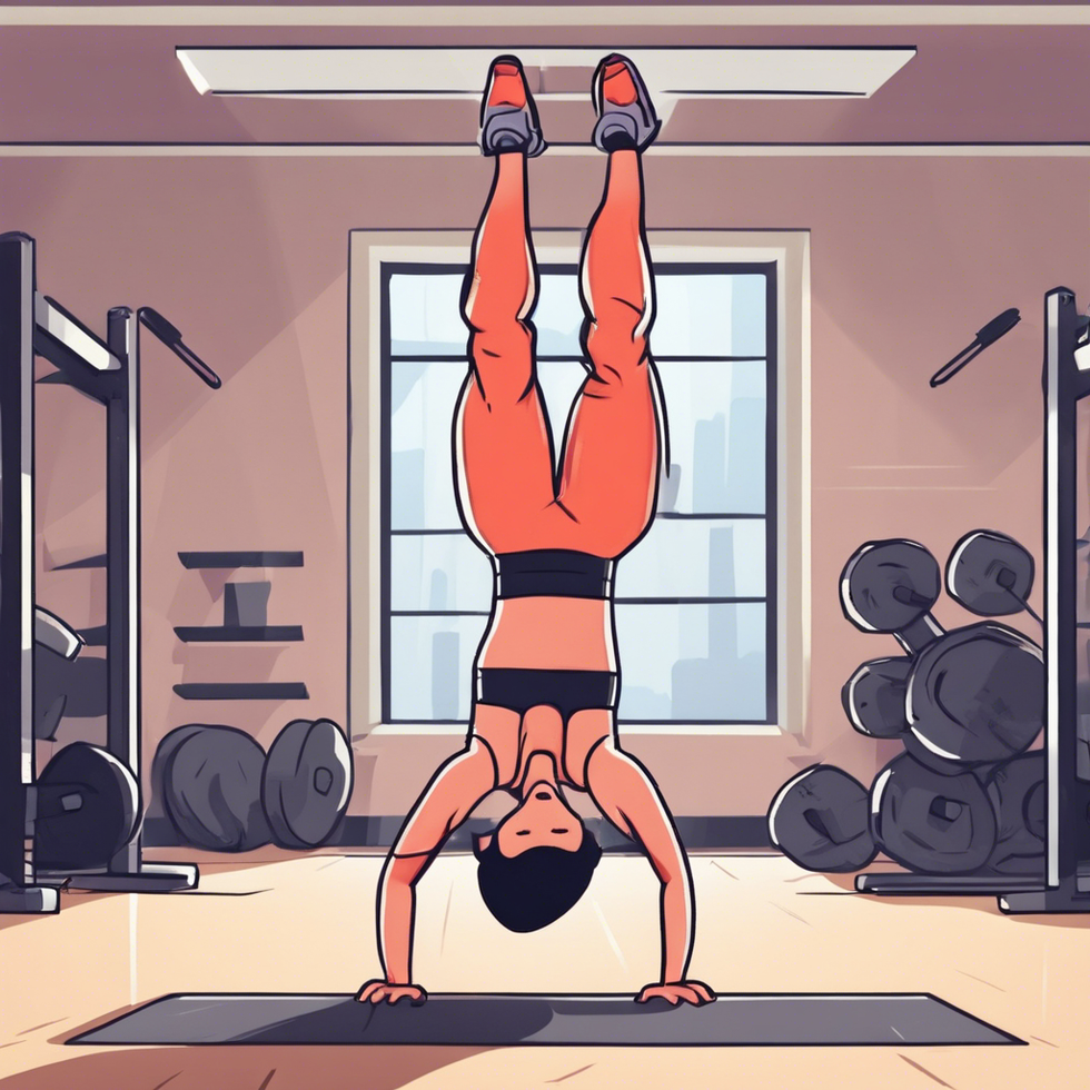 a muscular lady doing a handstand at a workout class cartoon style