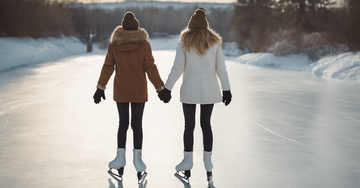 a pair of friends go ice skating backs to camera holding hands wide landscape dimensions