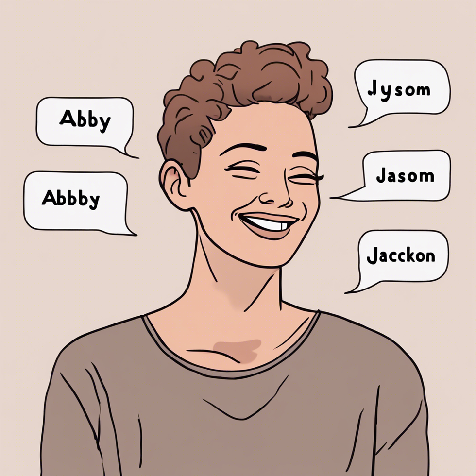 a person brainstorming baby names like abby and jackson while smiling
