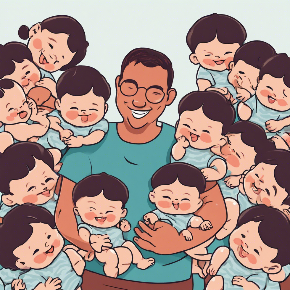 a person holding many babies while smiling in a cartoon style