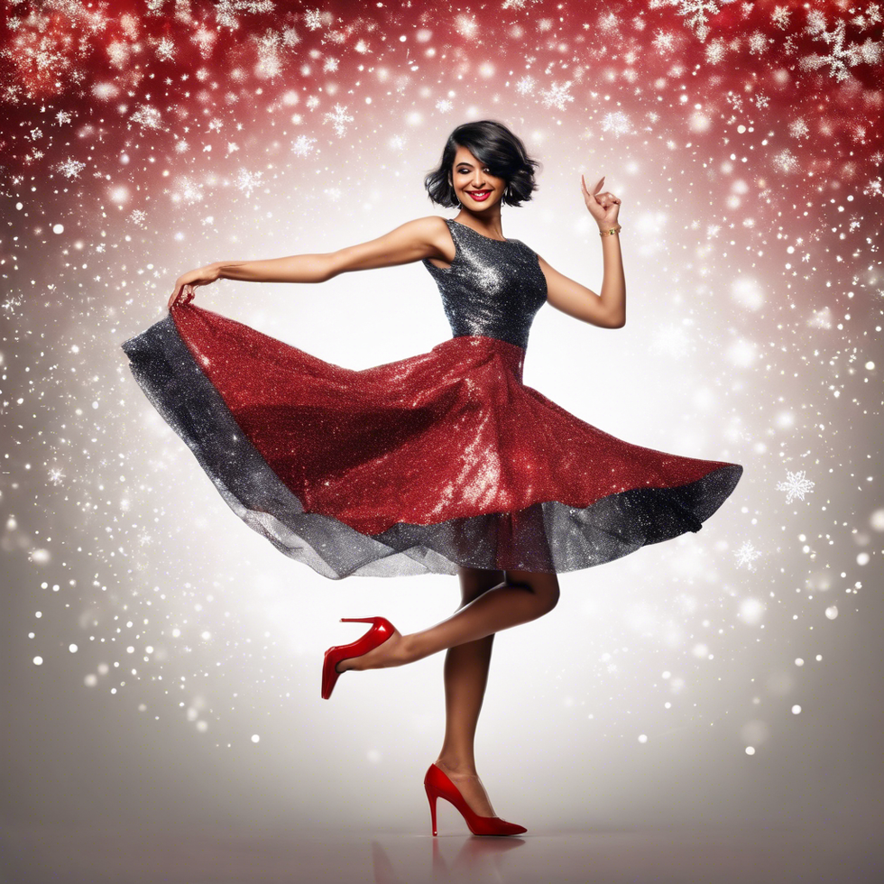 a person with short hair wearing a fashionable sparkly dress and red heels dancing at a christmas party