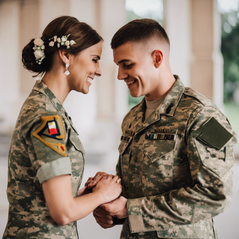a photo of a young adult in the army getting married