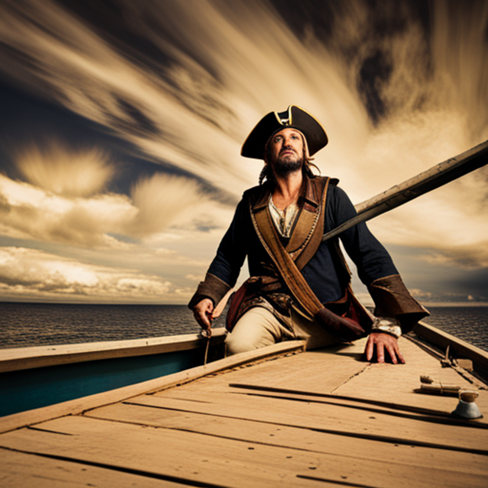 A pirate standing tall aboard a wooden boat