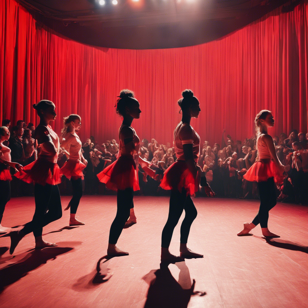 a series of dancers about to perform on stage brightly lit with red curtains in a crowded auditorium