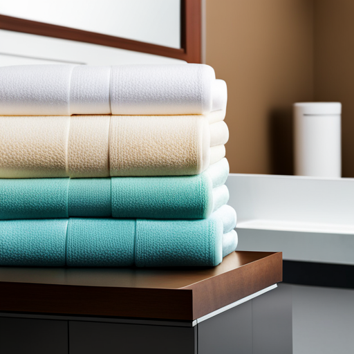 A stack of bath towels lie on a bathroom counter