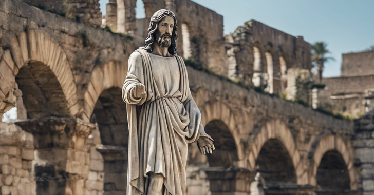 a statue of jesus and aqueduct among an old ancient roman ruins site