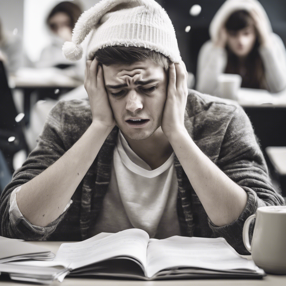 a stressed college student during christmas in class some of the students are crying