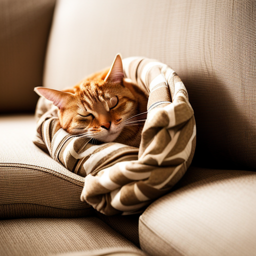 A striped tabby lays curled up in a blanket on a couch.