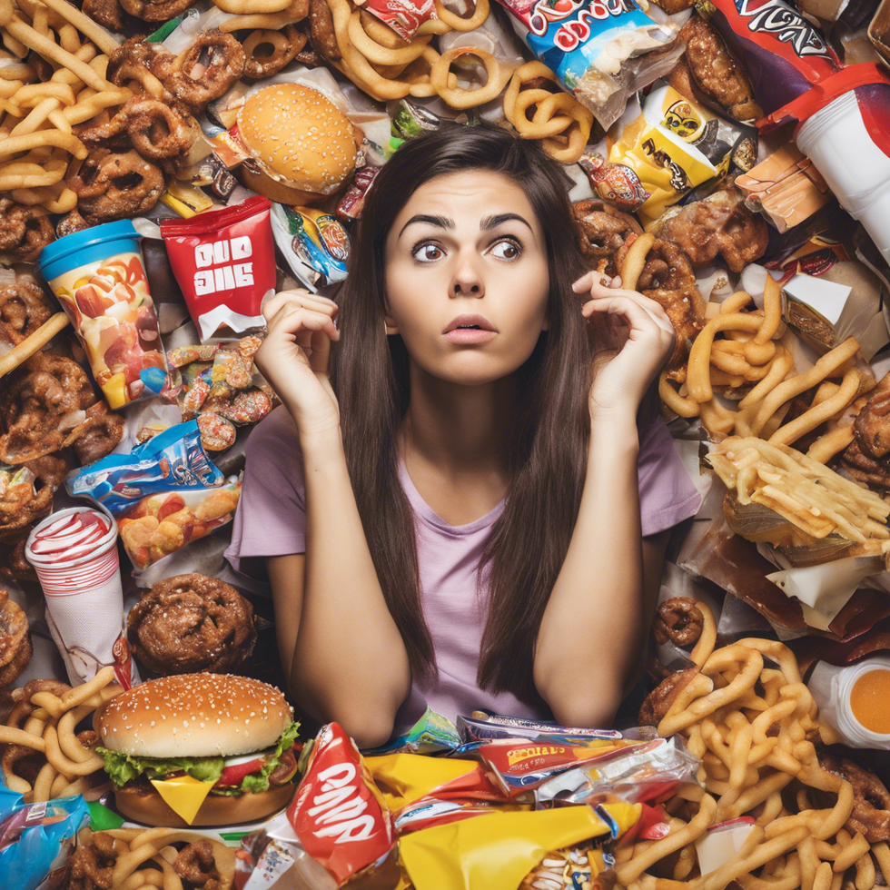 a thinking female college student surrounded by junk food