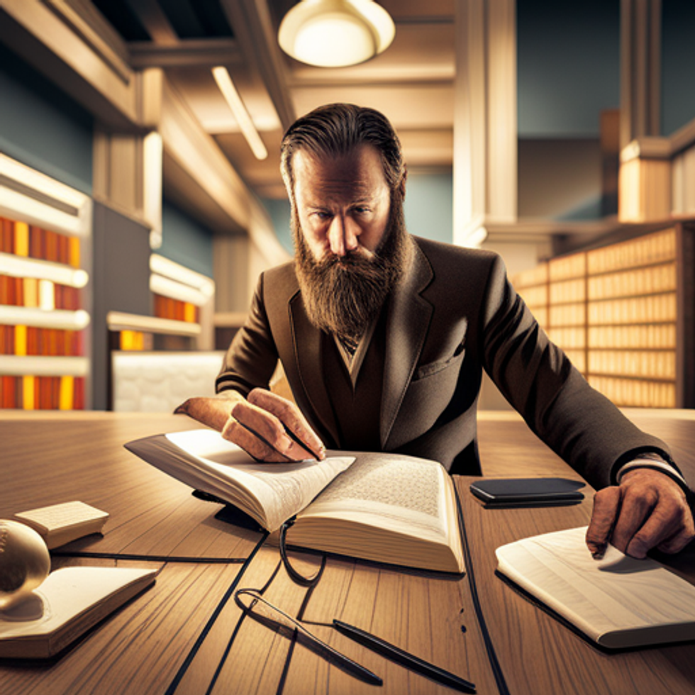 A wise man with a long beard studies in a library