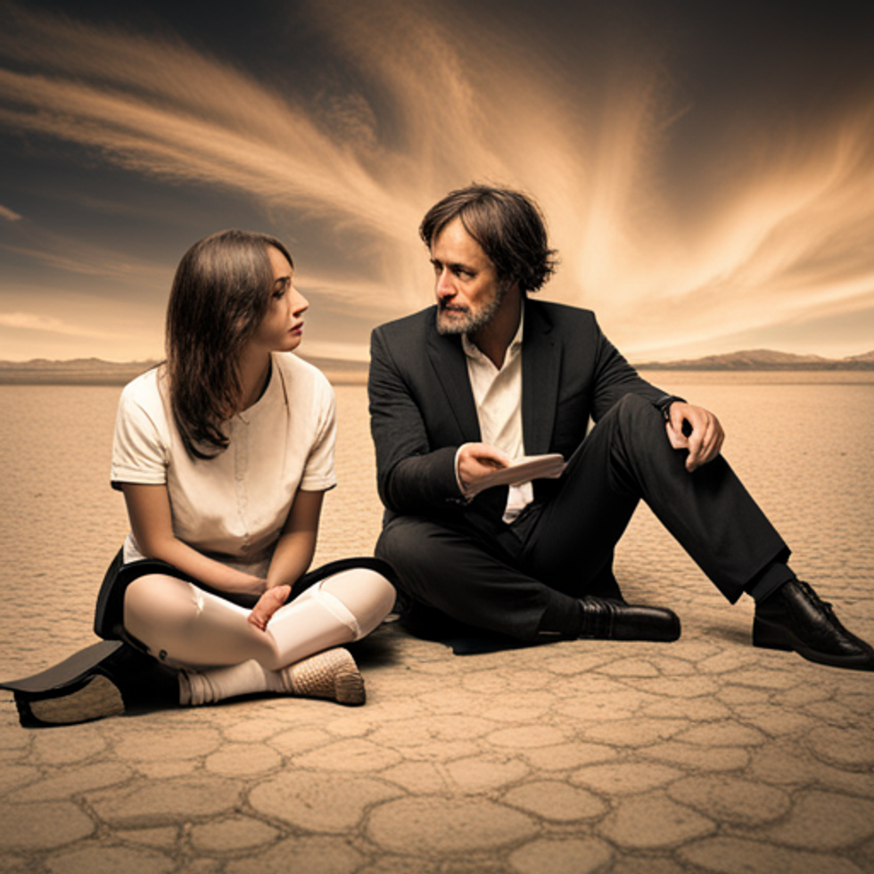 A woman and a man sit close next to each other for mindreading.