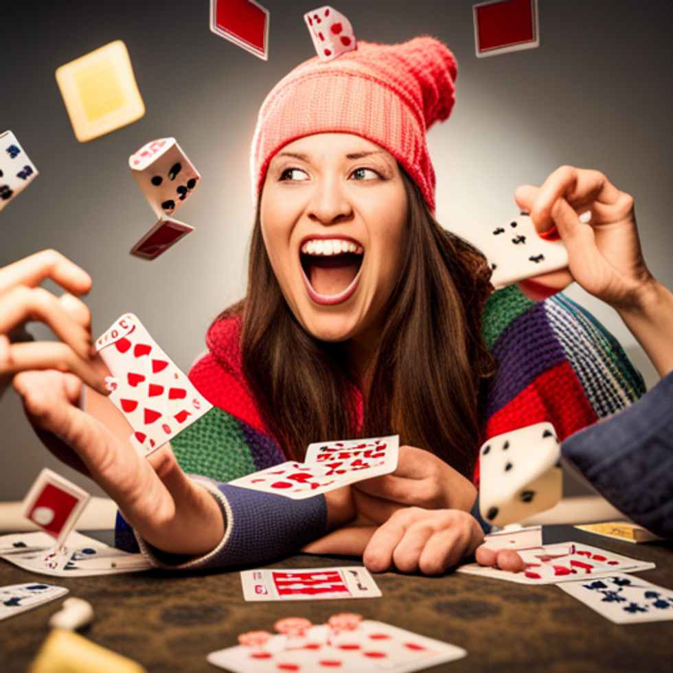 A woman is excited to play games, surrounded by cards and dice.