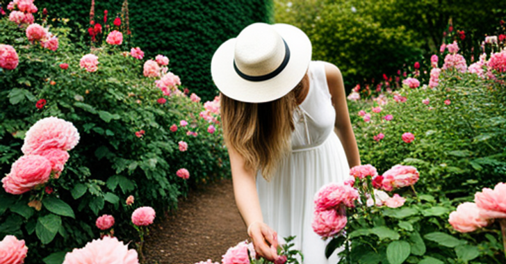 A woman leans down to smell a rose in a garden filled with roses