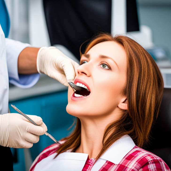 A woman sits in a chair at the dentist as a dental hygienist inserts a tool into her mouth
