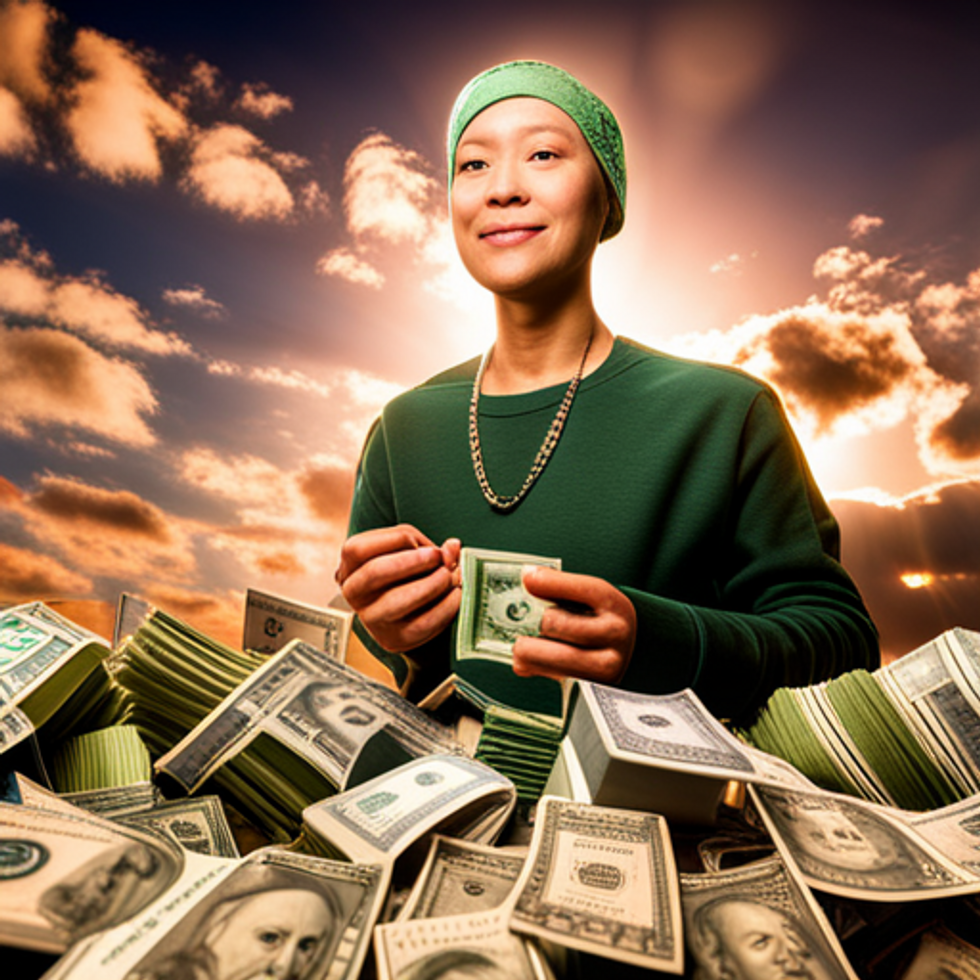 A woman wearing green is surrounded by green dollar bills.