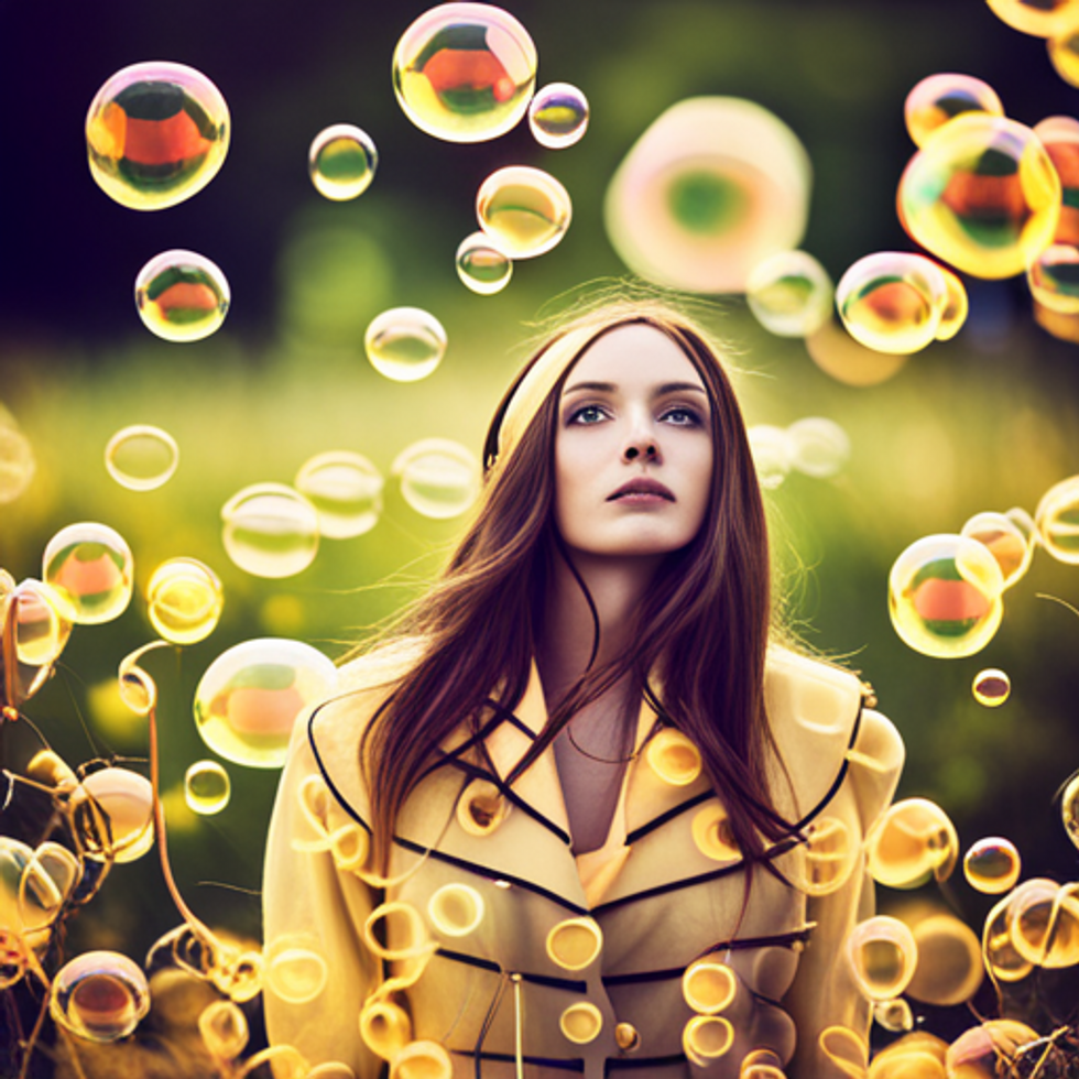 A woman wearing yellow is surrounded by yellow bubbles