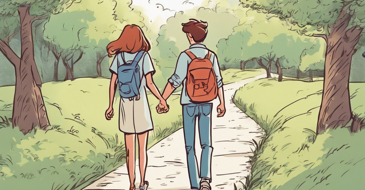 a young couple holds hands walking down a path in love