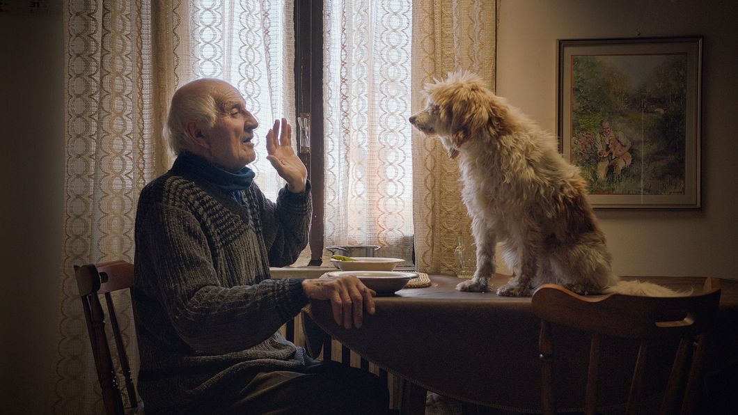 An elderly man sits at a dining room table with his medium-sized scruffy dog in documentary "The Truffle Hunters." The man is in his modest Italian home. He's wearing a brown sweater and he holds up his left hand while talking to his dog. His dog sits on the dining room table. The dog has scruffy, long, sandy-colored fur.