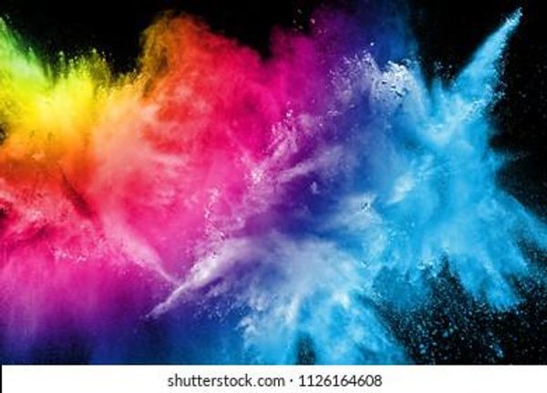 An explosion of paint colors against a black background from left to right: a bit of green, then yellow, a lot of pink, and then a sky blue at the right