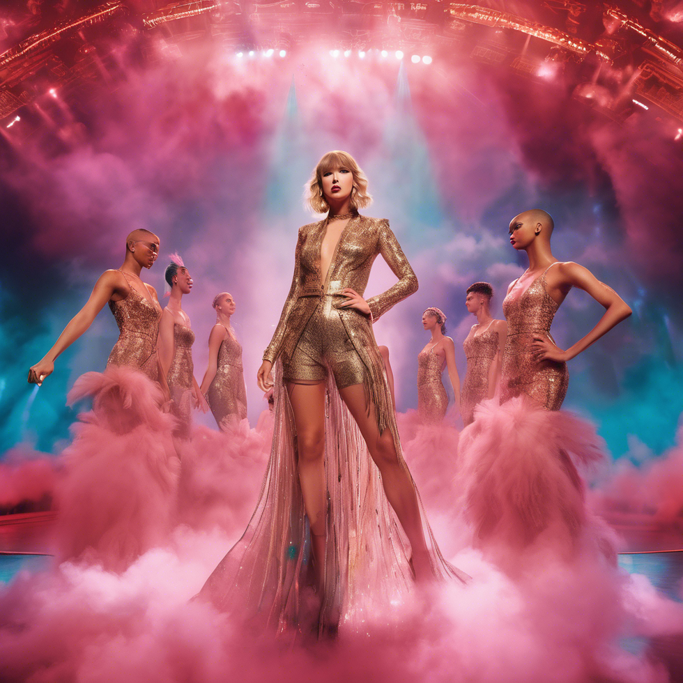 an image of taylor swift standing center stage surrounded by her backup dancers in elegant peacock esque outfits with a backdrop of clouds and a box rising above the stage the image captures the vibrant aesthetics and energy of her performance during the lover era of her eras tour